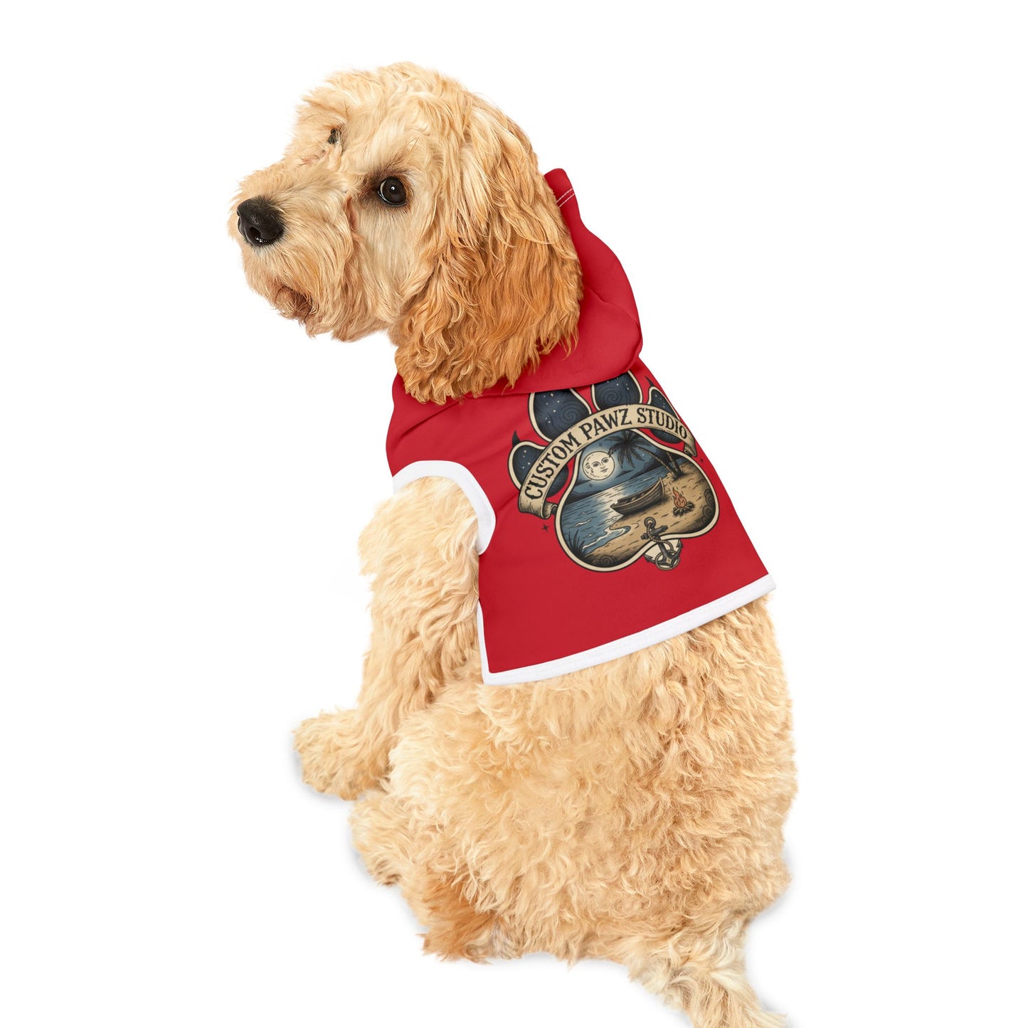 Pet Hoodie — Red Paw Print Hoodie with 'Custom Pawz Studio' Nautical Moon Design