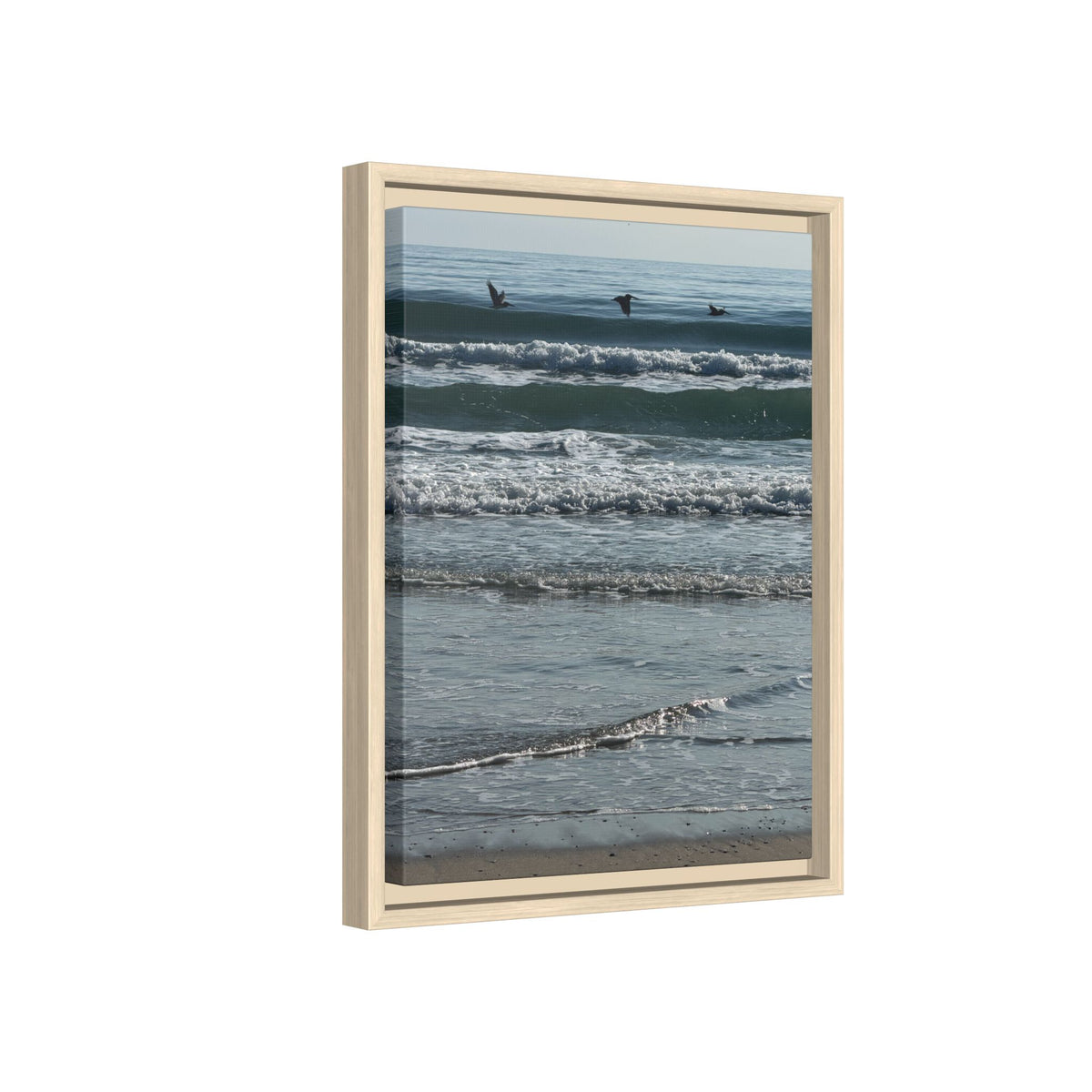 Framed Beach Canvas Print — Pelicans  Over Ocean Waves