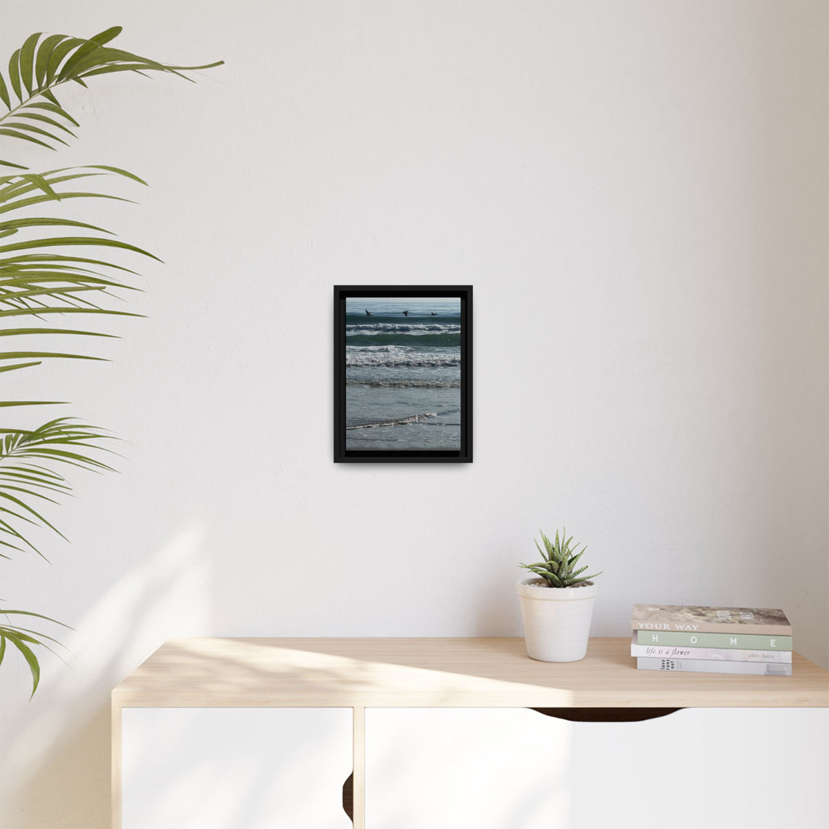 Framed Beach Canvas Print — Pelicans  Over Ocean Waves