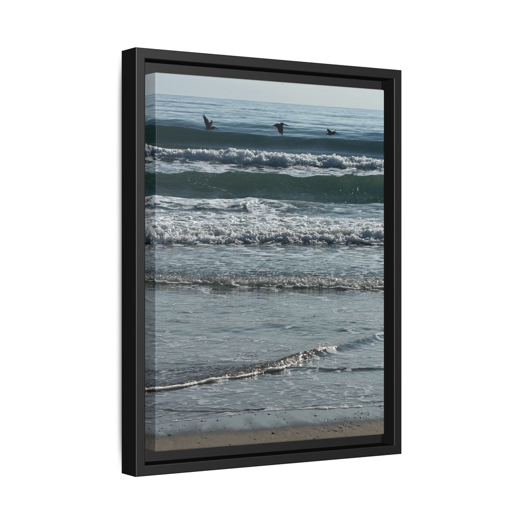Framed Beach Canvas Print — Pelicans  Over Ocean Waves
