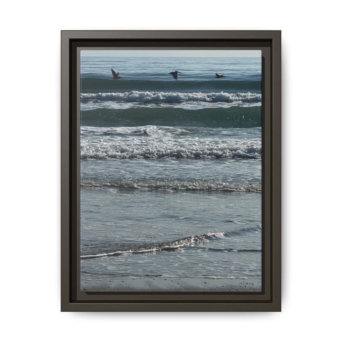 Framed Beach Canvas Print — Pelicans  Over Ocean Waves