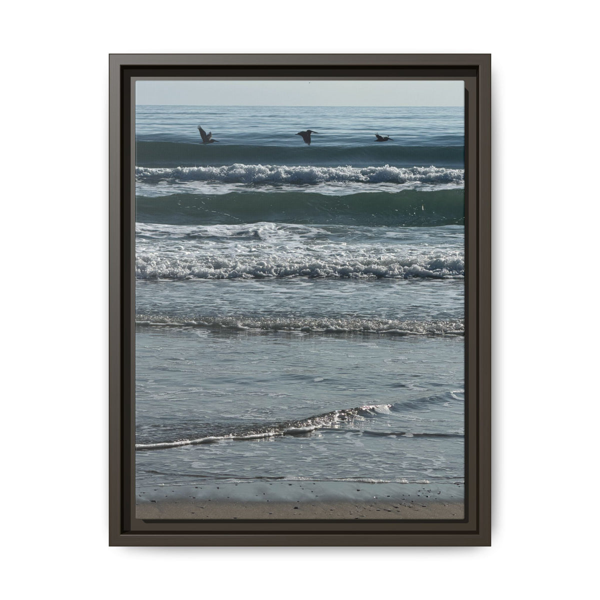 Framed Beach Canvas Print — Pelicans  Over Ocean Waves