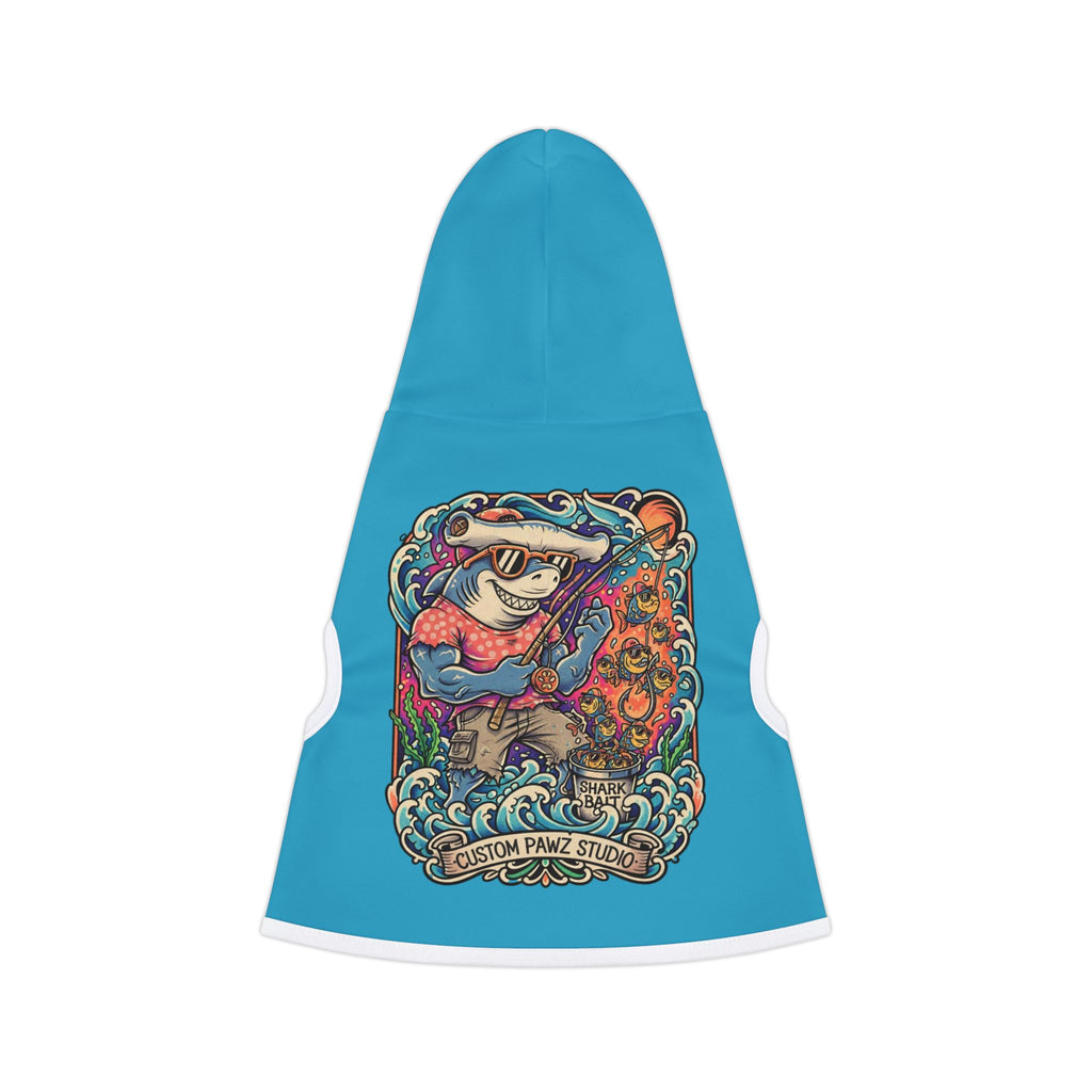 Blue Pet Hoodie with Surfing Shark Graphic — Custom Pawz Studio Dog Sweatshirt