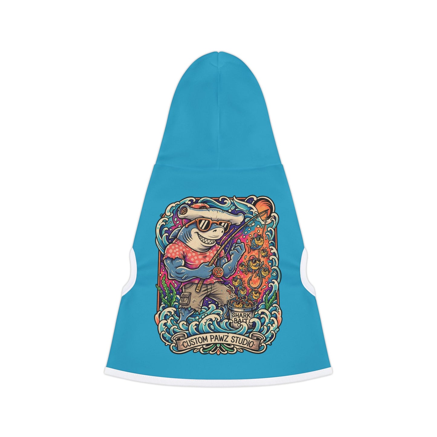 Blue Pet Hoodie with Surfing Shark Graphic — Custom Pawz Studio Dog Sweatshirt