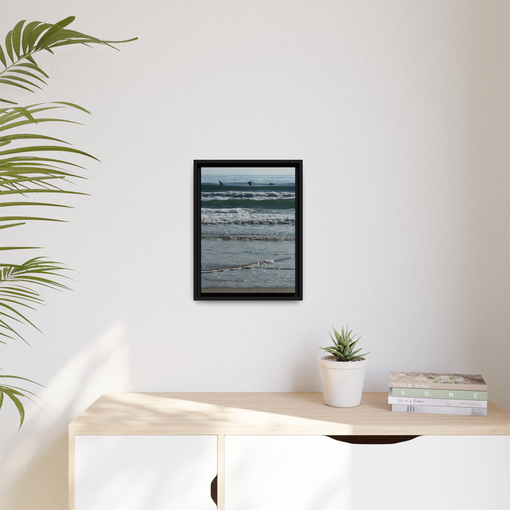 Framed Beach Canvas Print — Pelicans  Over Ocean Waves