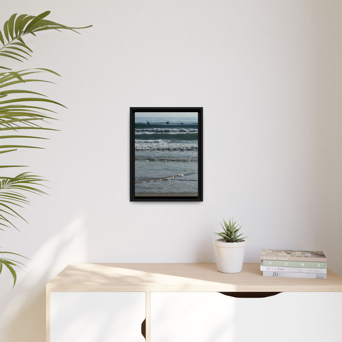 Framed Beach Canvas Print — Pelicans  Over Ocean Waves