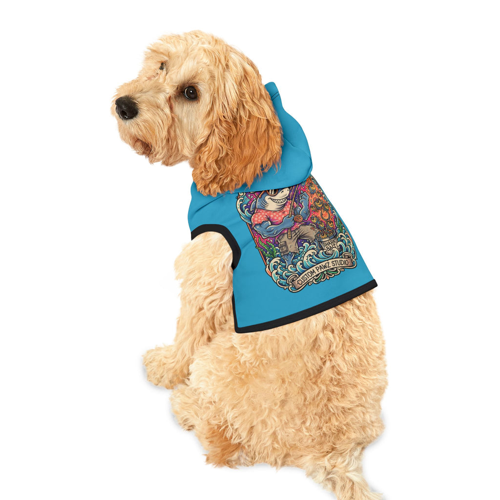 Blue Pet Hoodie with Surfing Shark Graphic — Custom Pawz Studio Dog Sweatshirt
