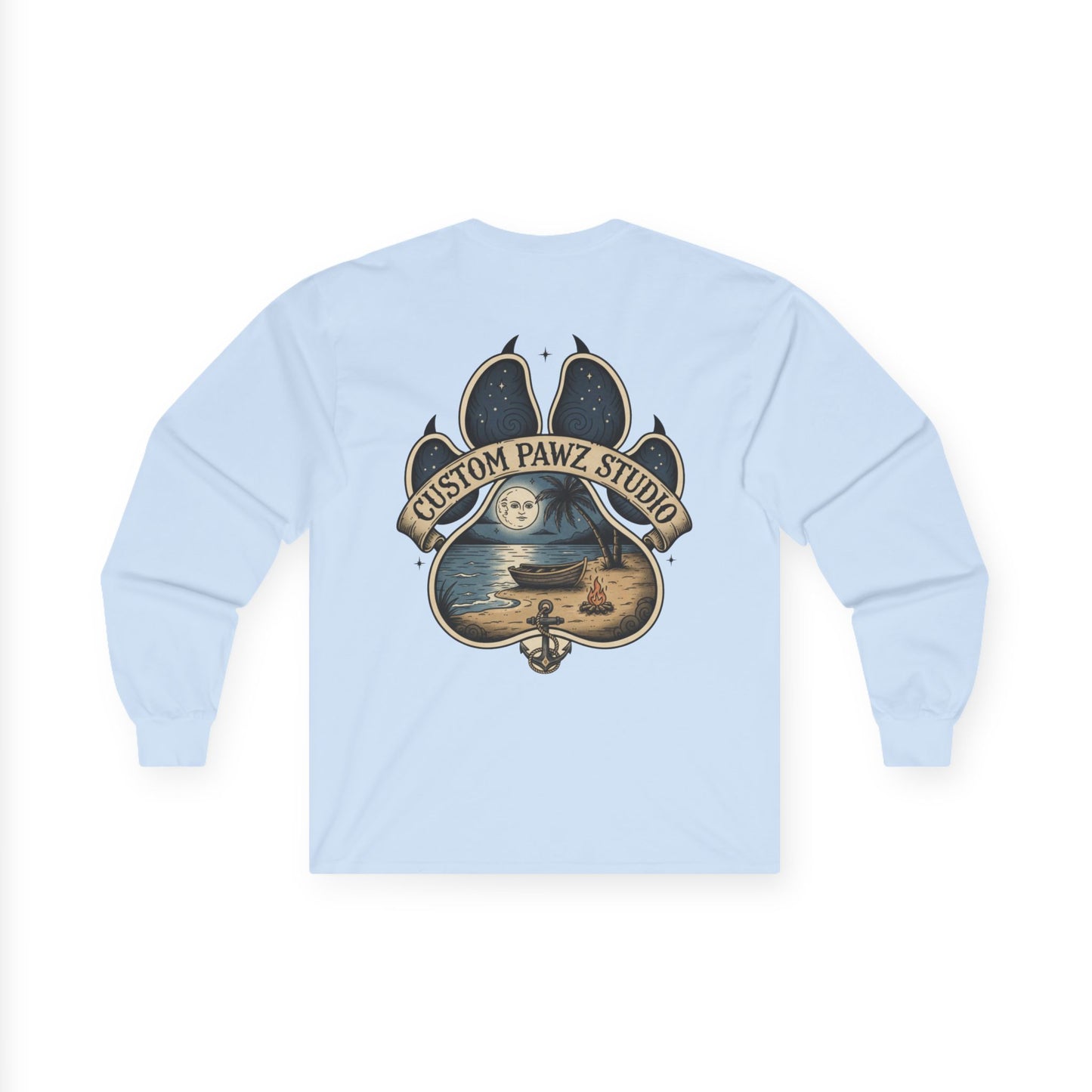 Long Sleeve Tee — Paw Print Beach Scene "Custom Pawz Studio" Graphic