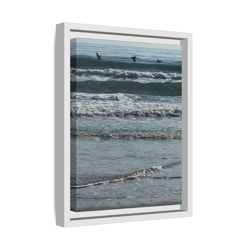 Framed Beach Canvas Print — Pelicans  Over Ocean Waves