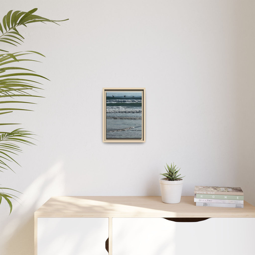 Framed Beach Canvas Print — Pelicans  Over Ocean Waves