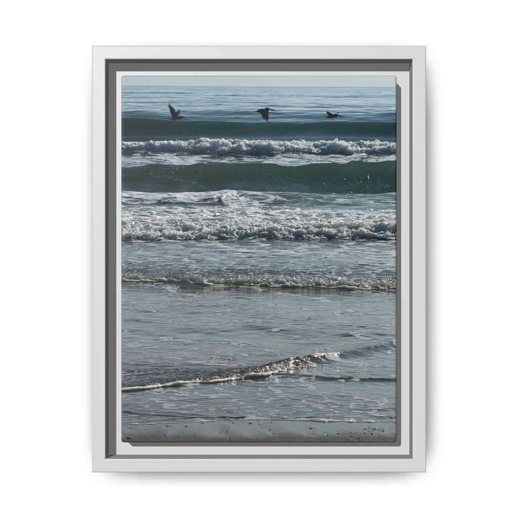 Framed Beach Canvas Print — Pelicans  Over Ocean Waves