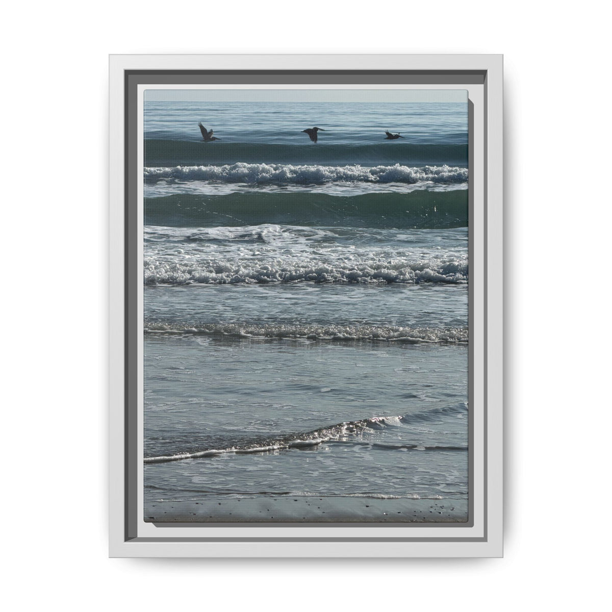 Framed Beach Canvas Print — Pelicans  Over Ocean Waves