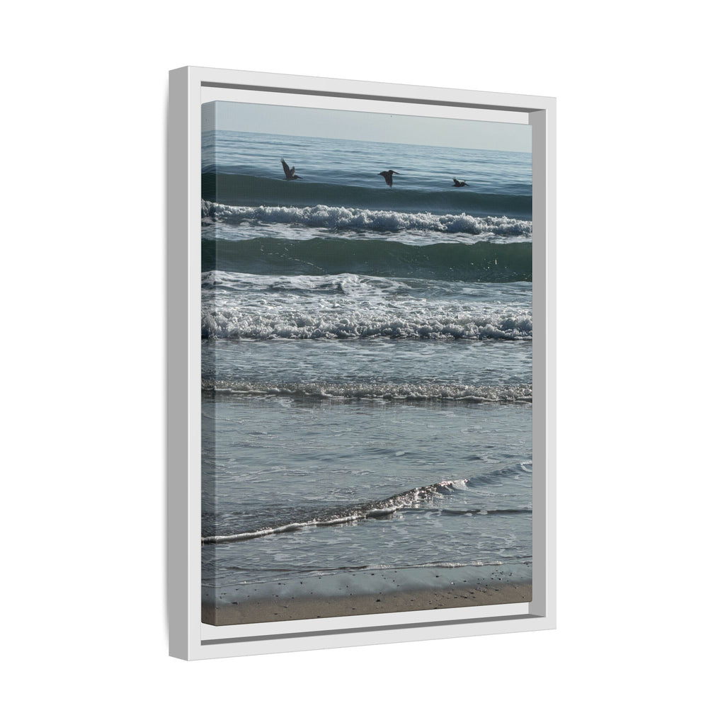 Framed Beach Canvas Print — Pelicans  Over Ocean Waves