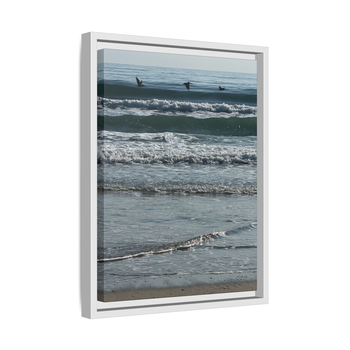 Framed Beach Canvas Print — Pelicans  Over Ocean Waves