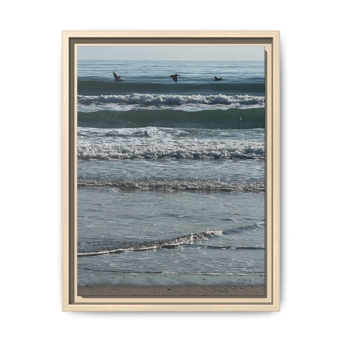 Framed Beach Canvas Print — Pelicans  Over Ocean Waves