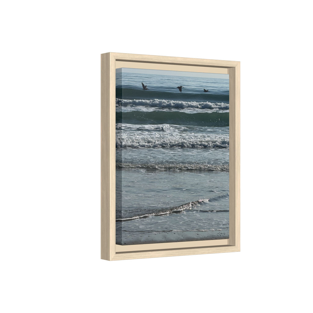 Framed Beach Canvas Print — Pelicans  Over Ocean Waves