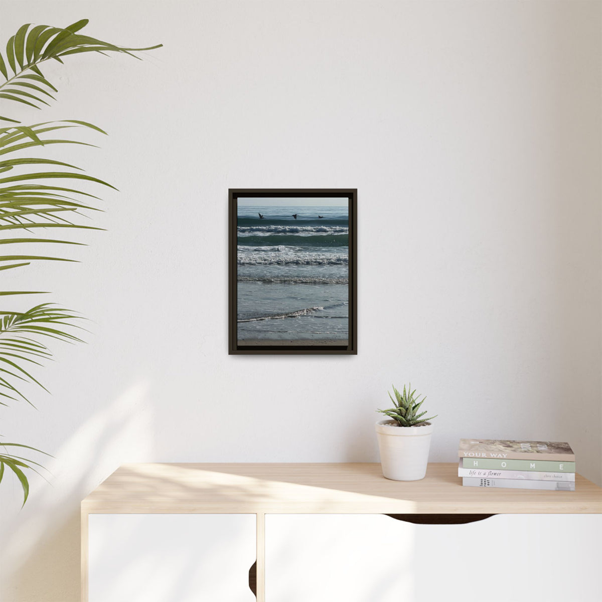 Framed Beach Canvas Print — Pelicans  Over Ocean Waves