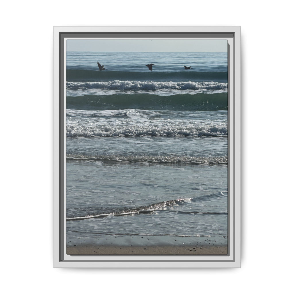 Framed Beach Canvas Print — Pelicans  Over Ocean Waves