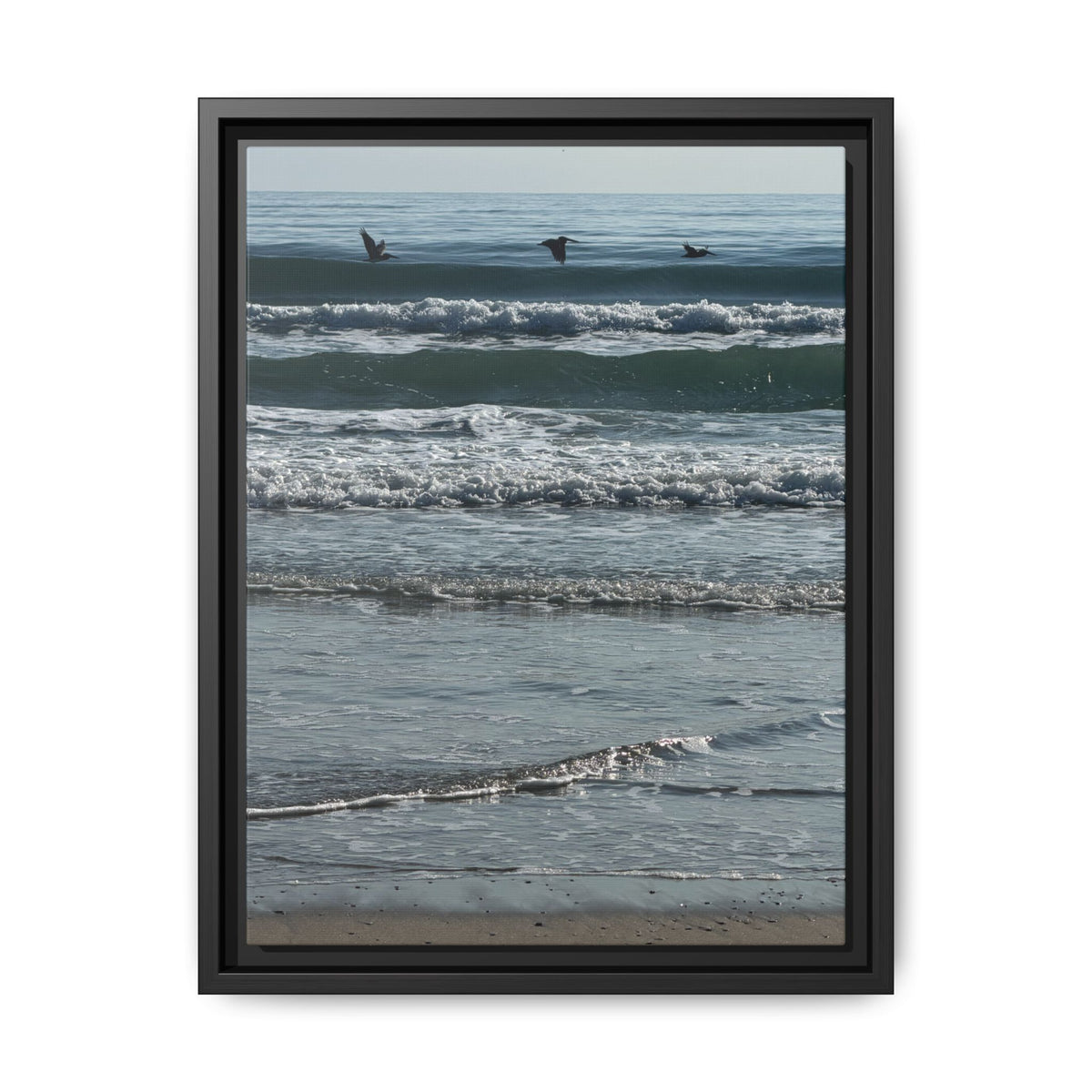 Framed Beach Canvas Print — Pelicans  Over Ocean Waves