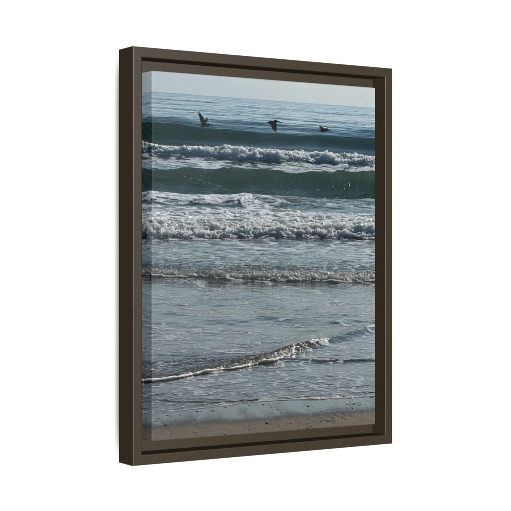 Framed Beach Canvas Print — Pelicans  Over Ocean Waves
