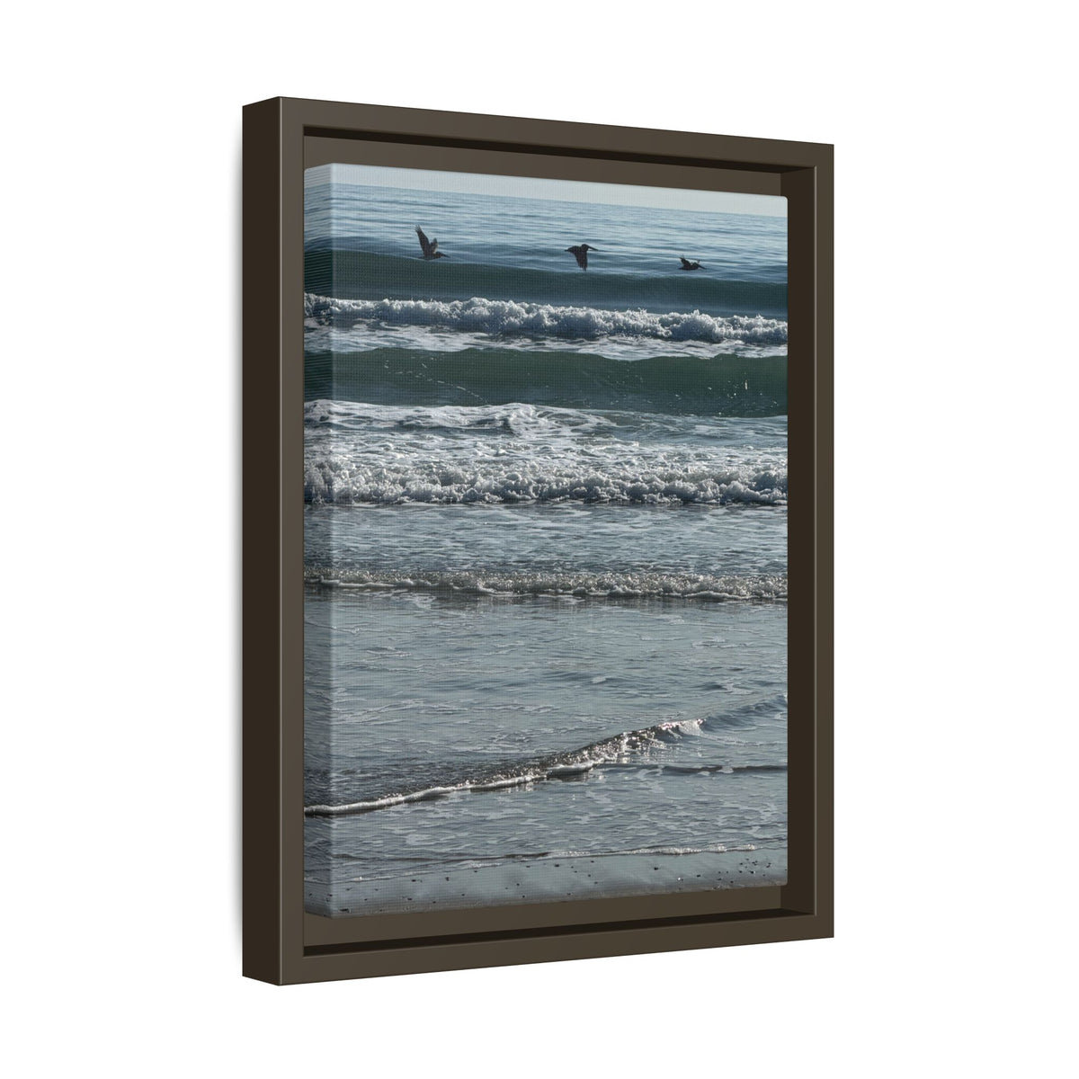 Framed Beach Canvas Print — Pelicans  Over Ocean Waves