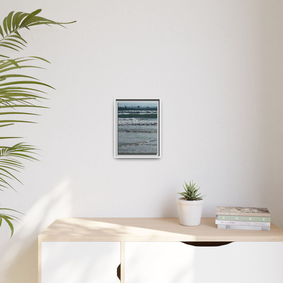 Framed Beach Canvas Print — Pelicans  Over Ocean Waves