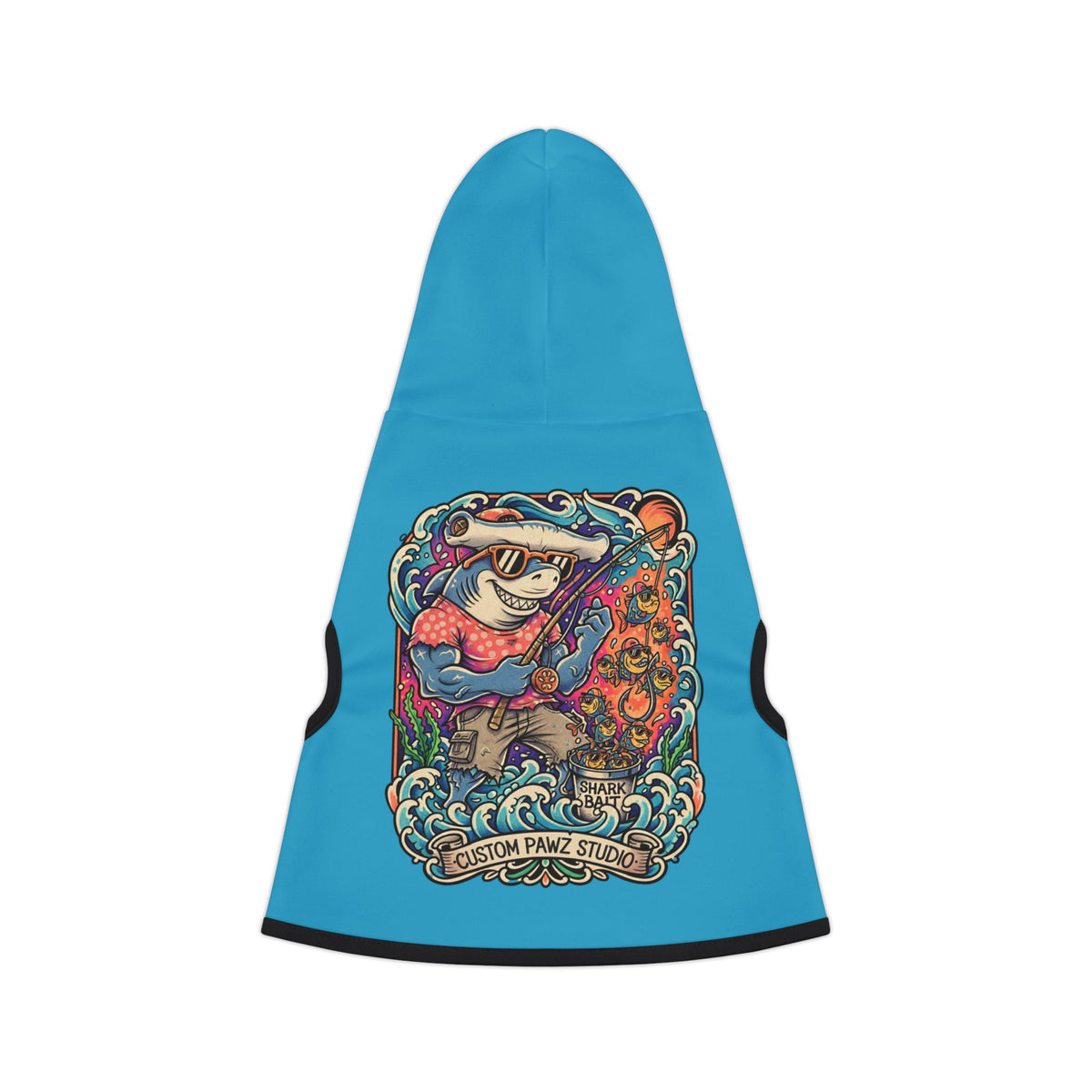 Blue Pet Hoodie with Surfing Shark Graphic — Custom Pawz Studio Dog Sweatshirt