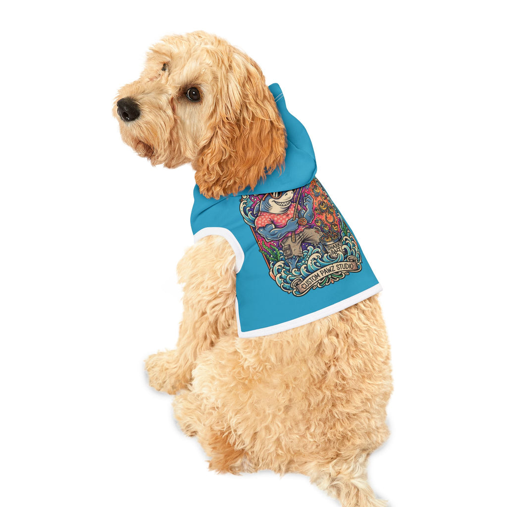 Blue Pet Hoodie with Surfing Shark Graphic — Custom Pawz Studio Dog Sweatshirt