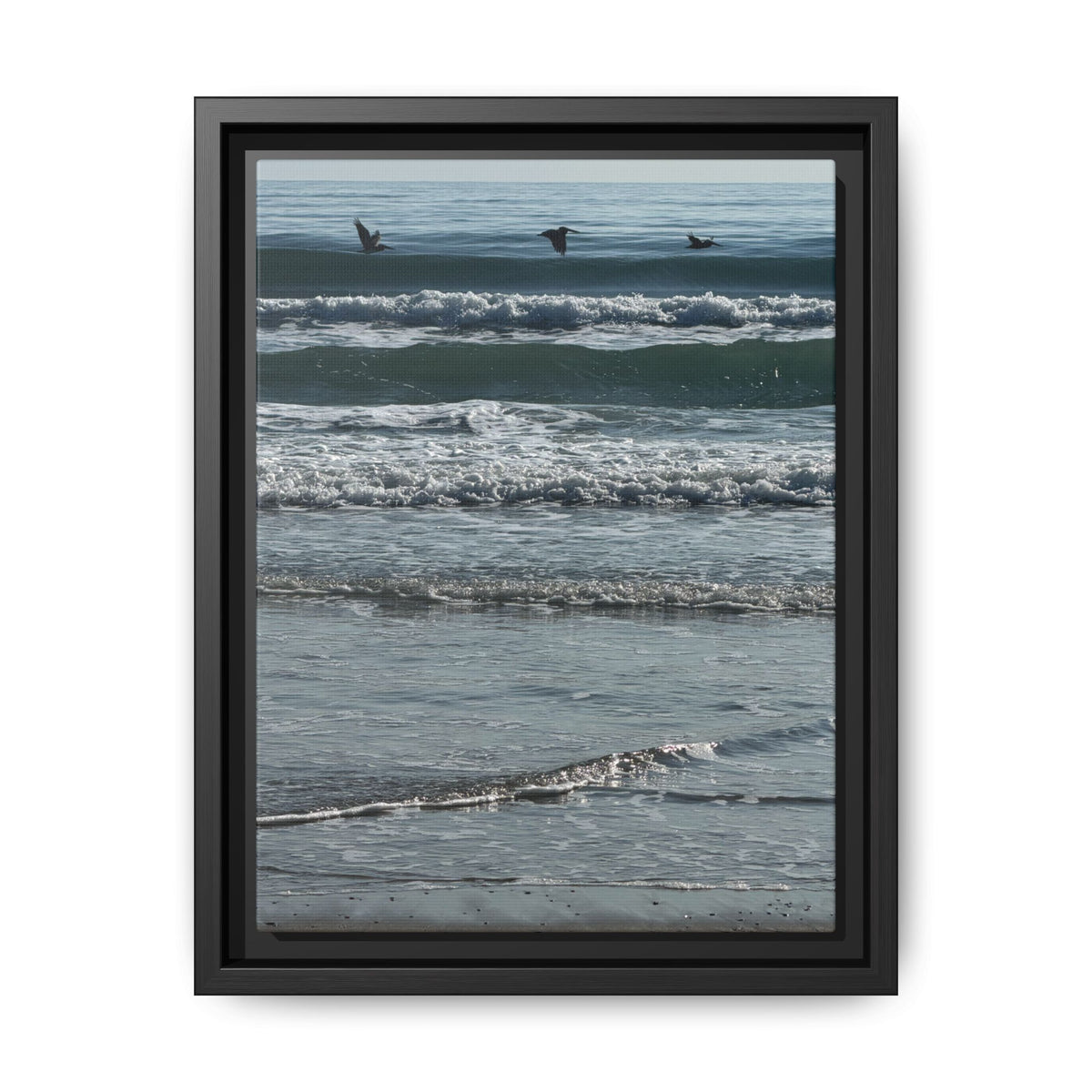Framed Beach Canvas Print — Pelicans  Over Ocean Waves