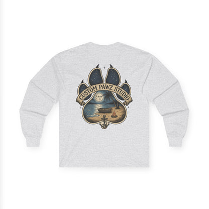 Long Sleeve Tee — Paw Print Beach Scene "Custom Pawz Studio" Graphic