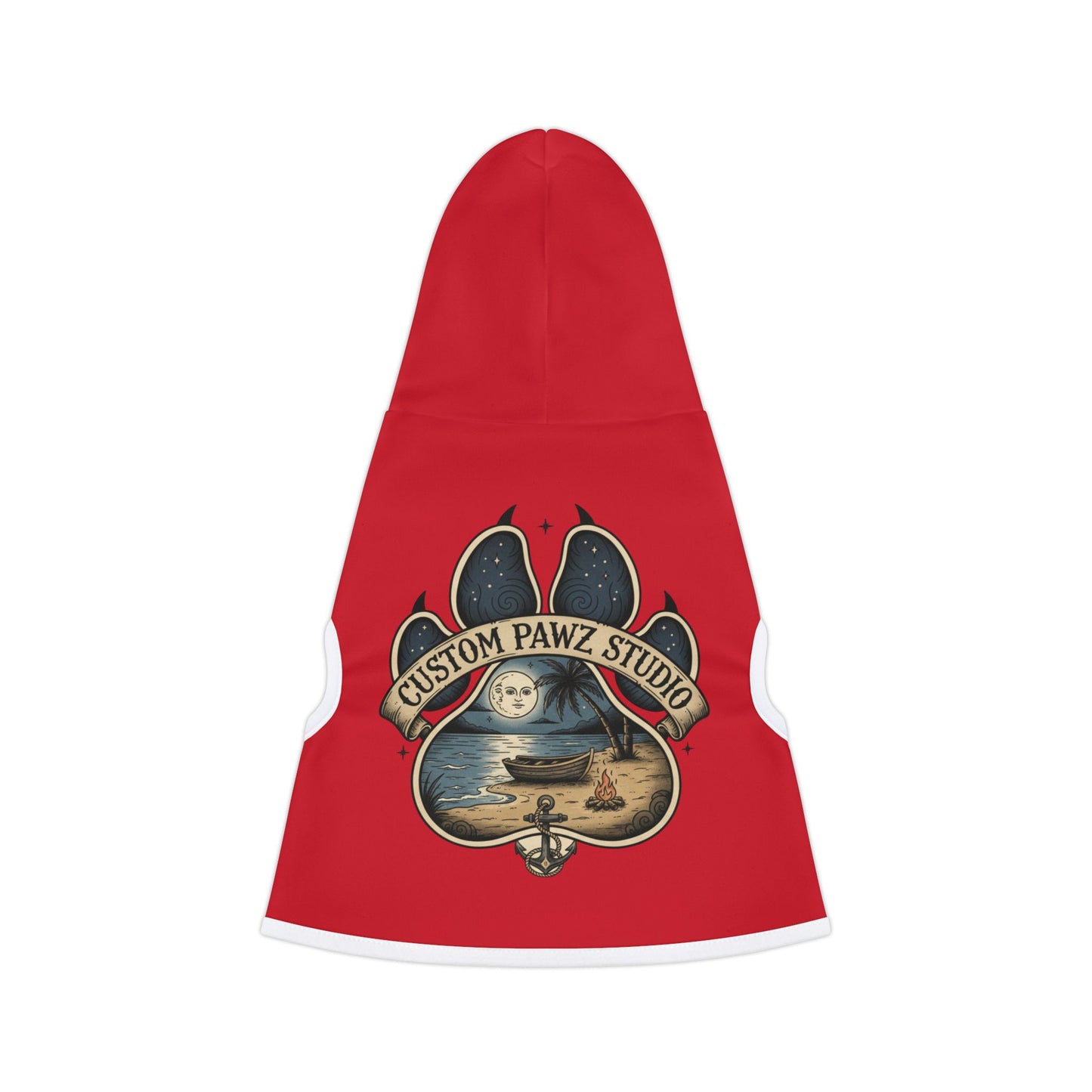 Pet Hoodie — Red Paw Print Hoodie with 'Custom Pawz Studio' Nautical Moon Design