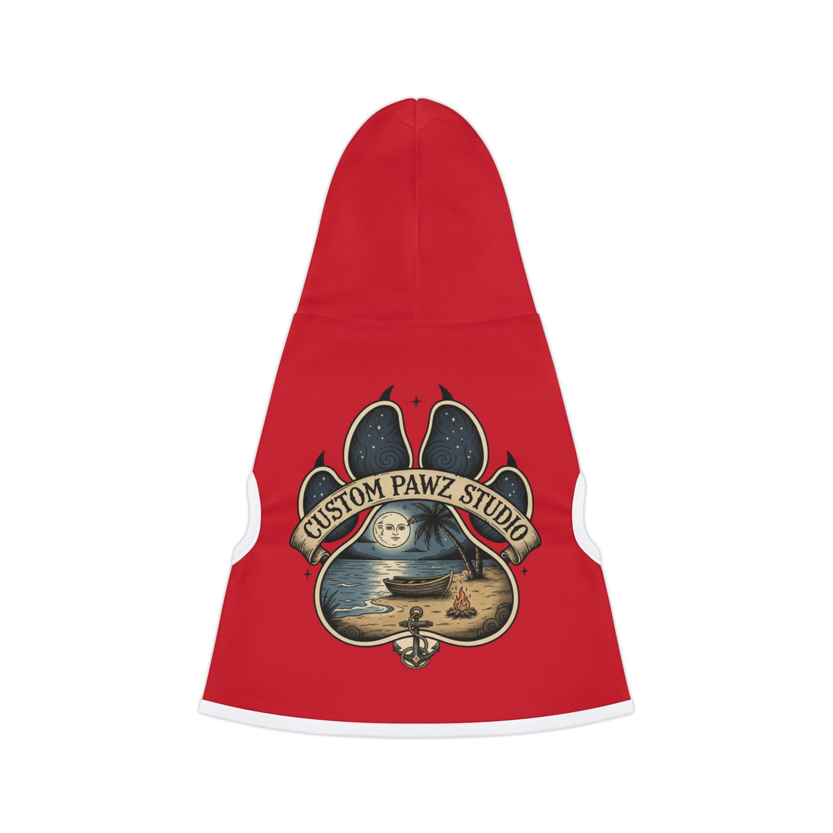 Pet Hoodie — Red Paw Print Hoodie with 'Custom Pawz Studio' Nautical Moon Design