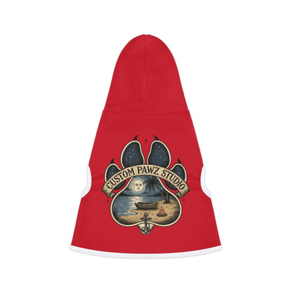 Pet Hoodie — Red Paw Print Hoodie with 'Custom Pawz Studio' Nautical Moon Design