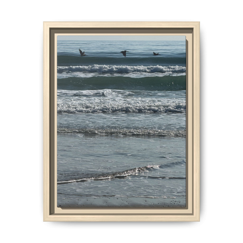 Framed Beach Canvas Print — Pelicans  Over Ocean Waves