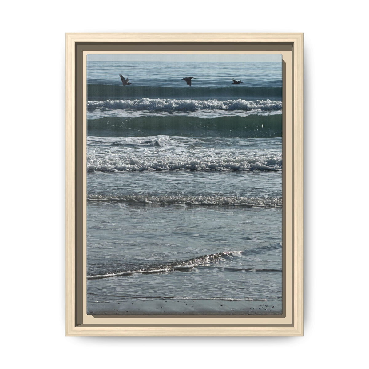 Framed Beach Canvas Print — Pelicans  Over Ocean Waves